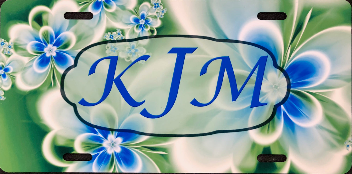 License Plate, Initials/Name on Blue & Green Flowers